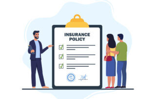 Illustration of a man, showing a couple, with a large clipboard with the words "Insurance Policy" and bullet points written on it.